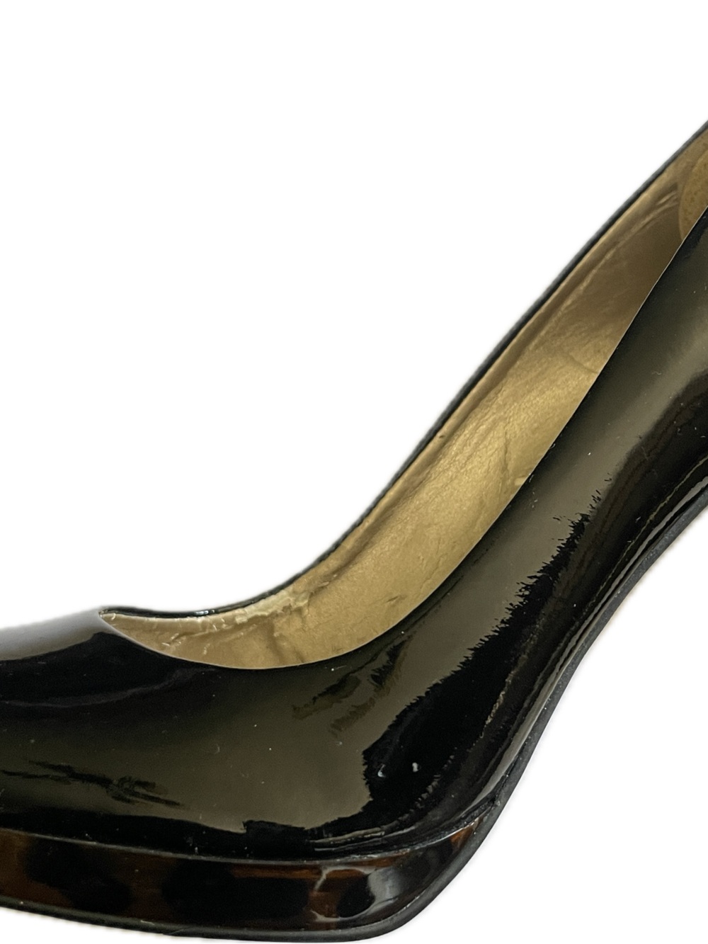 Women's Black Patent High Heel Pump with Gold Lining and tortoise heel/toe